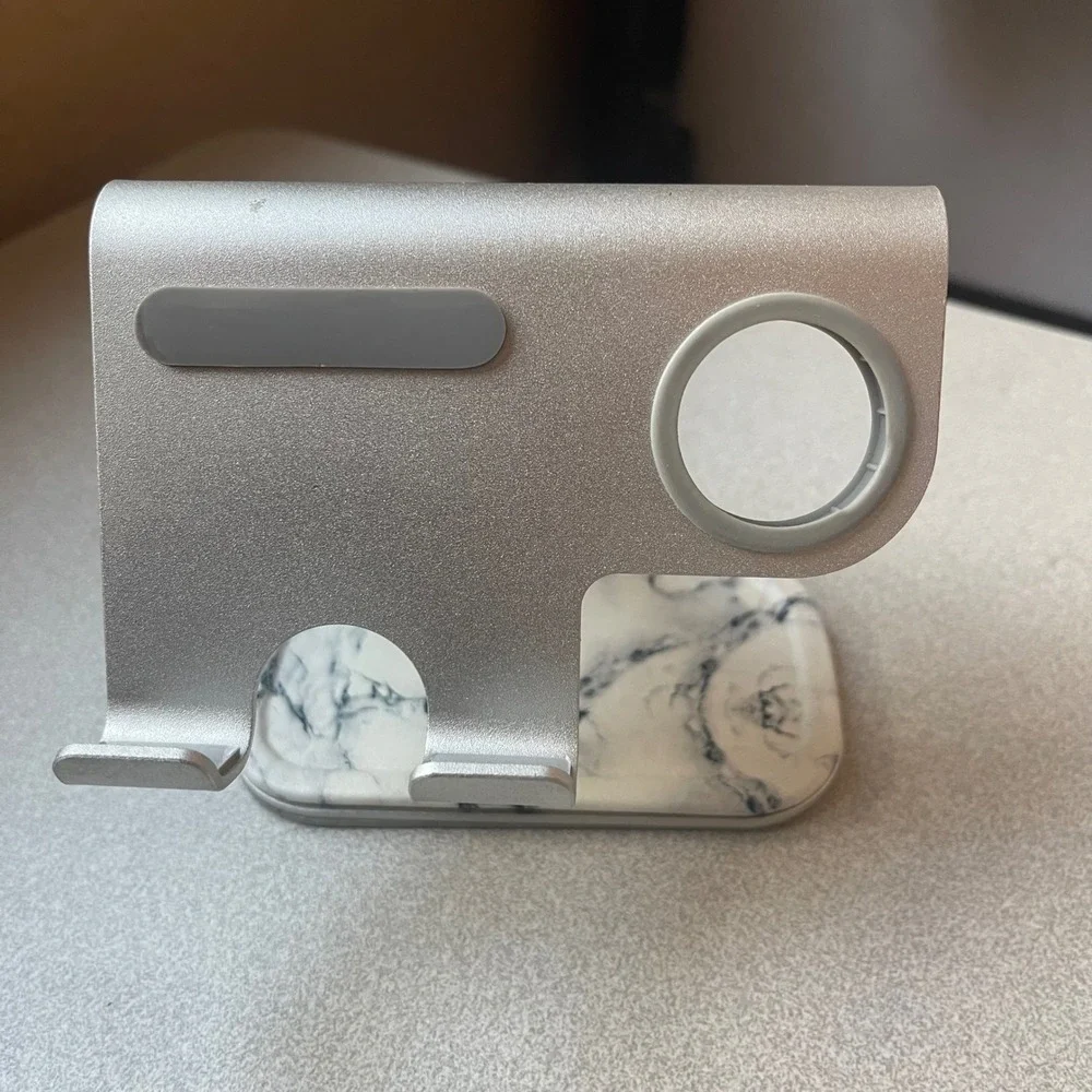 Silver Aluminum 2-in-1 Phone and Smartwatch Charging Stand Faux Marble Base Dock